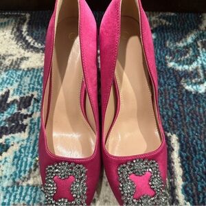 Fuchsia Crystal-Embellished Pointed Satin Pumps
